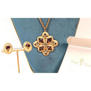 Sarah Coventry Maltese Cross Pendant Necklace Earring Set Rhinestones  Amber Vtg